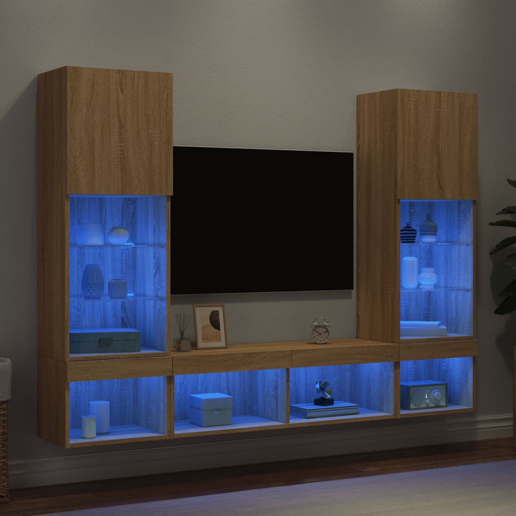 vidaXL Muebles TV pared con LED 5 pzas madera ingeniería roble Sonoma