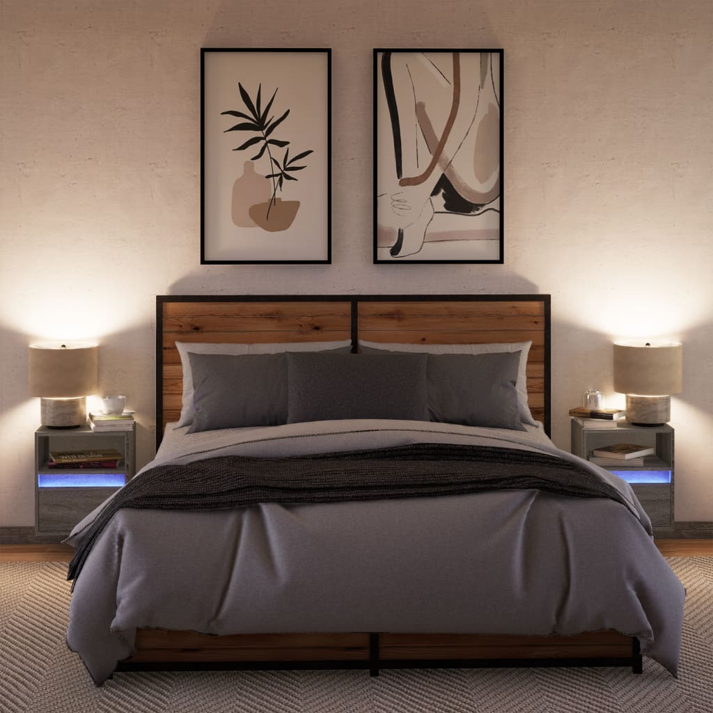 vidaXL Mesitas de noche de pared con luces LED 2 unidades gris Sonoma - Image 4
