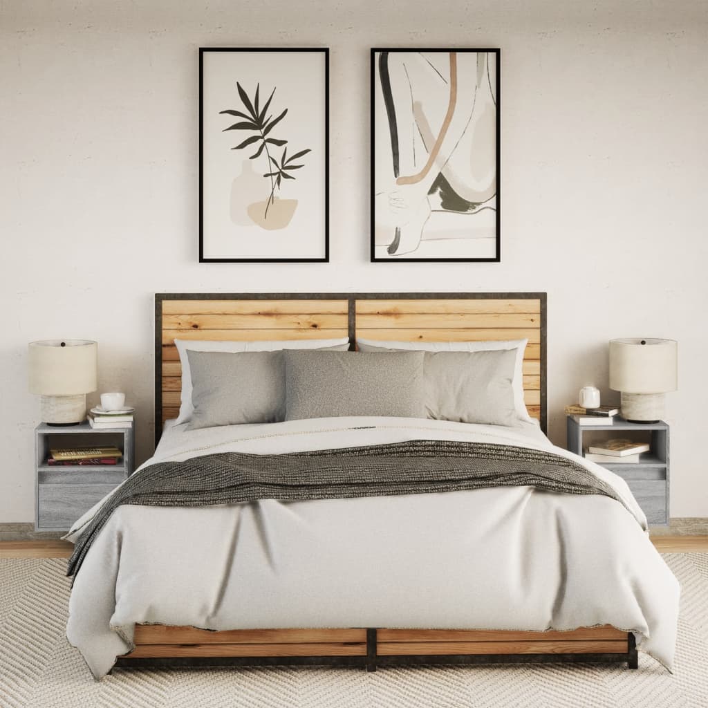 vidaXL Mesitas de noche de pared con luces LED 2 unidades gris Sonoma - Image 5