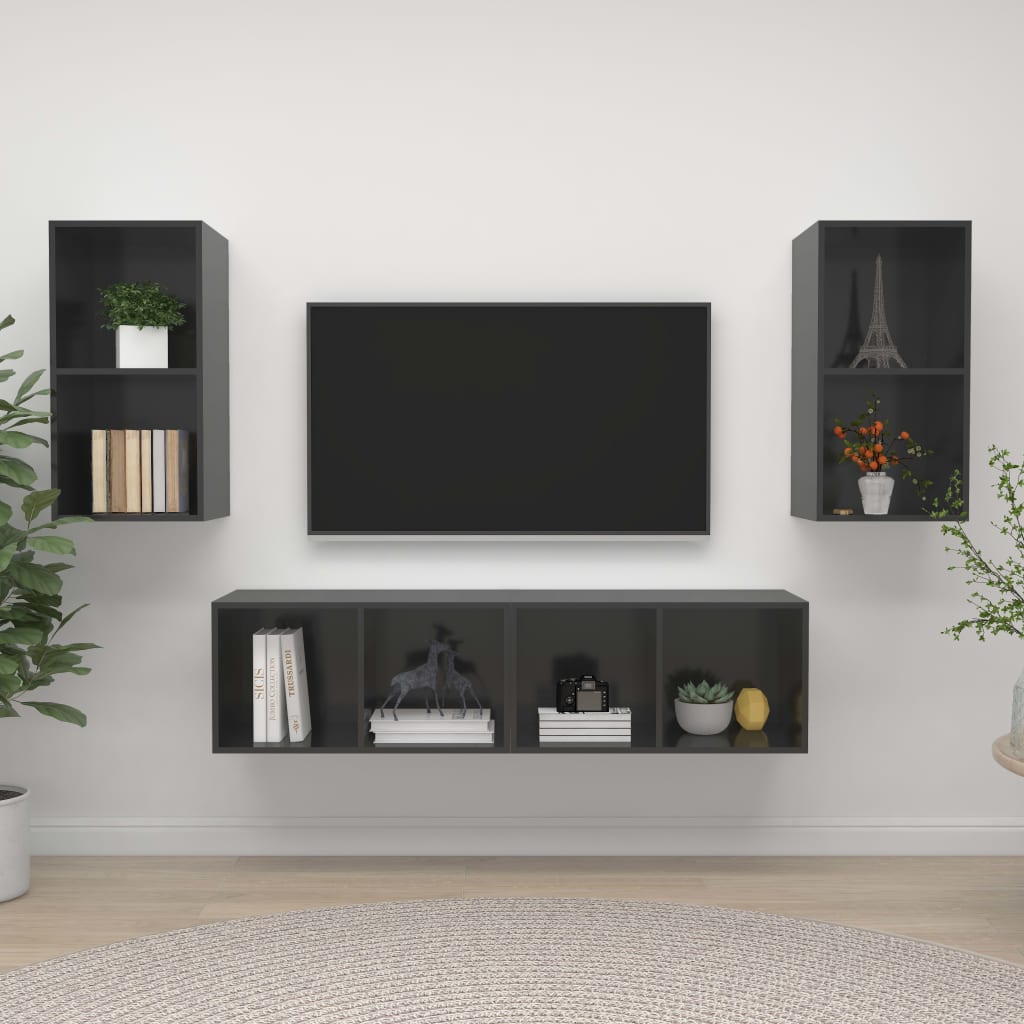 vidaXL Muebles de salón de pared 4 pzas madera ingeniería gris brillo