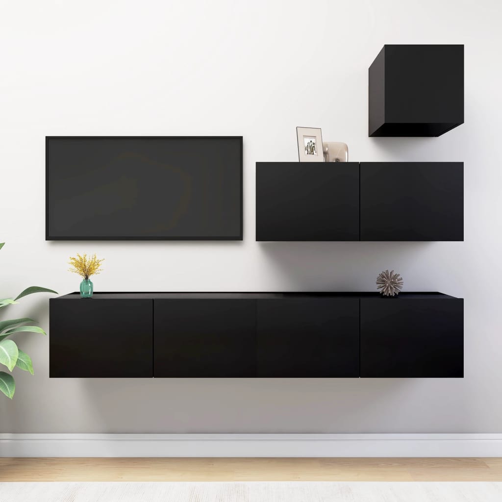 vidaXL Set de muebles de salón TV 4 piezas madera contrachapada negro