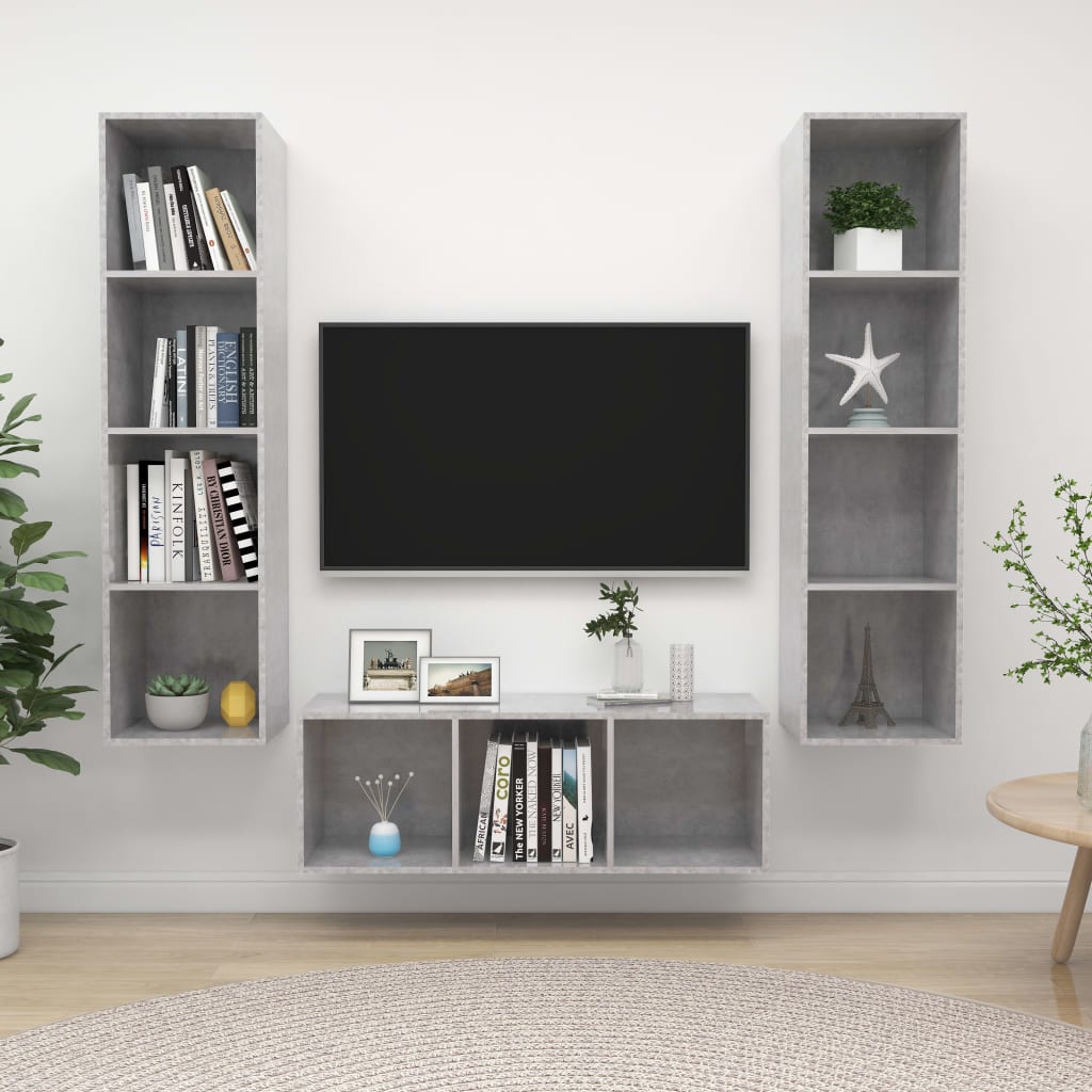 vidaXL Set de muebles de salón 3 pzas madera ingeniería gris hormigón