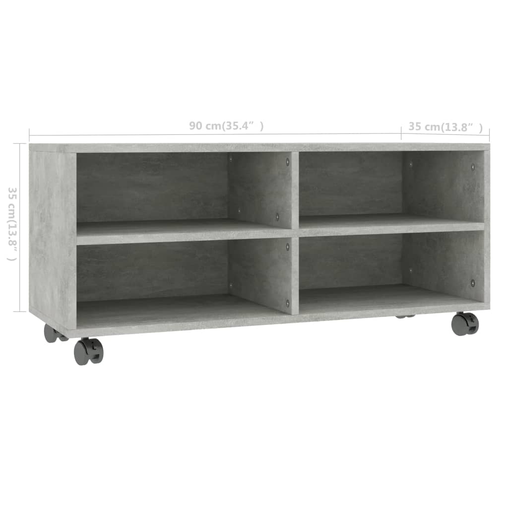 vidaXL Mueble de TV con ruedas contrachapada gris hormigón 90x35x35 cm - Image 6