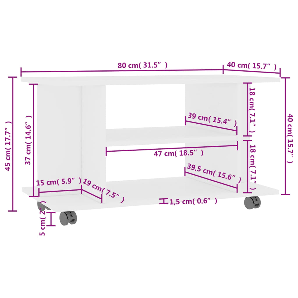 vidaXL Mueble de TV con ruedas madera de ingeniería blanco 80x40x45 cm - Image 6