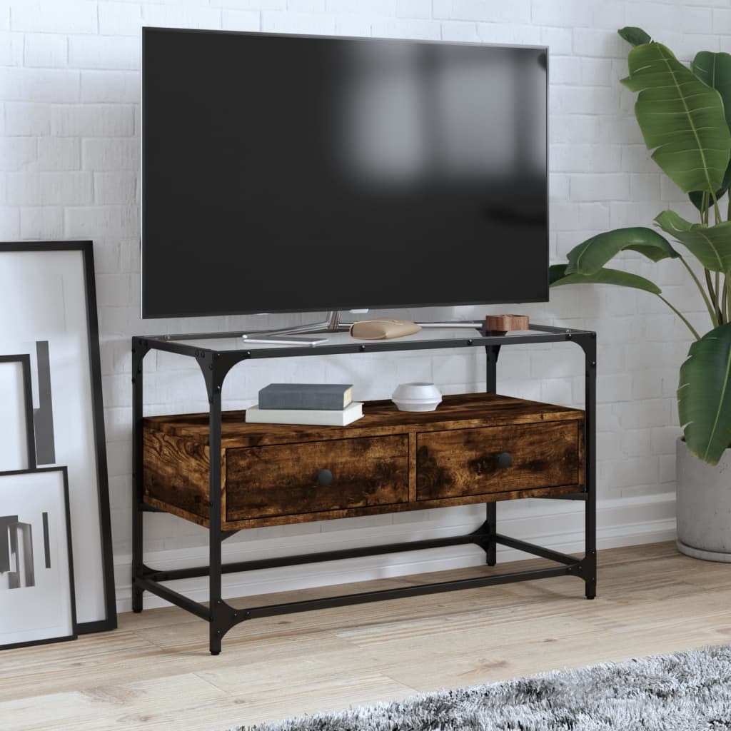 vidaXL Mueble TV cristal y madera ingeniería roble ahumado 80x35x51 cm