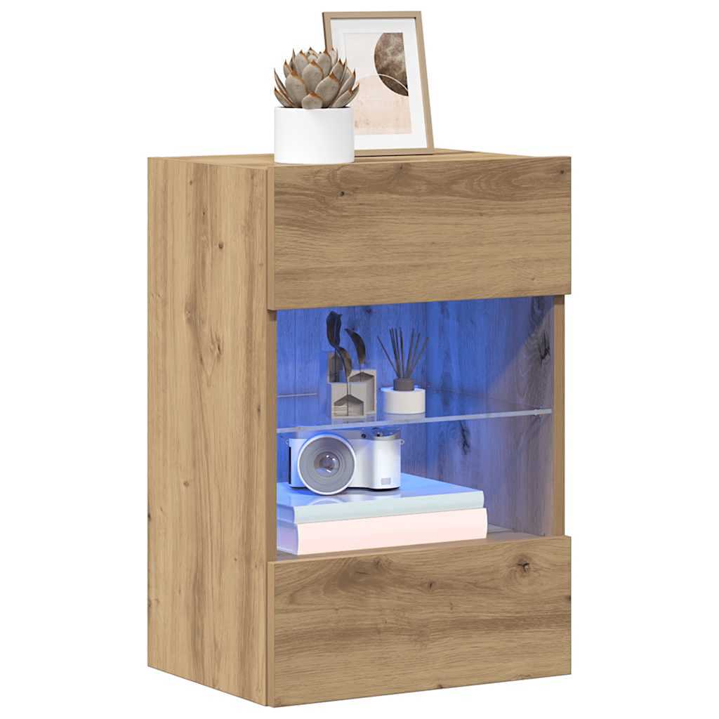 vidaXL Armarios de pared con luces LED para TV 2 uds roble artisian 40x30x60,5cm - Image 4