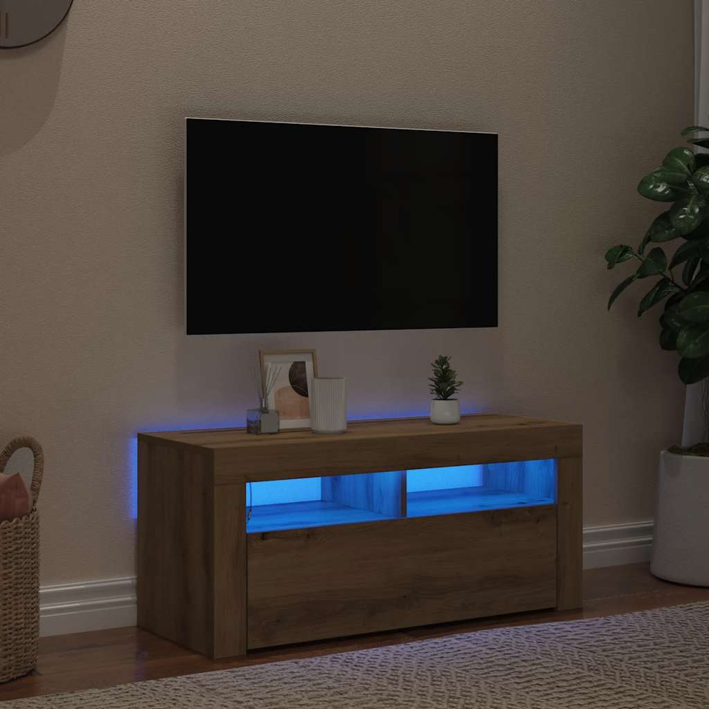 vidaXL Mueble de TV luces LED madera roble artisan 90x35x40 cm - Image 3