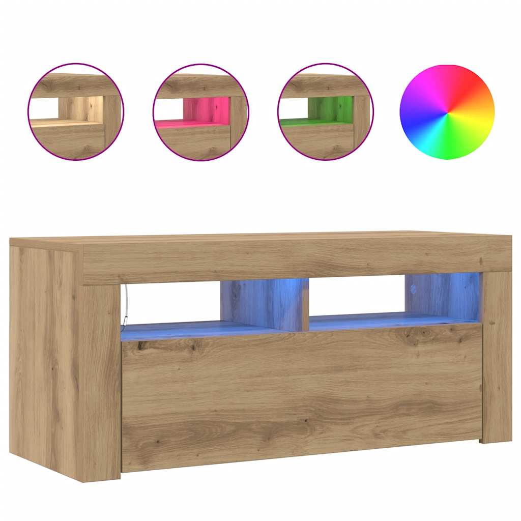 vidaXL Mueble de TV luces LED madera roble artisan 90x35x40 cm - Image 4