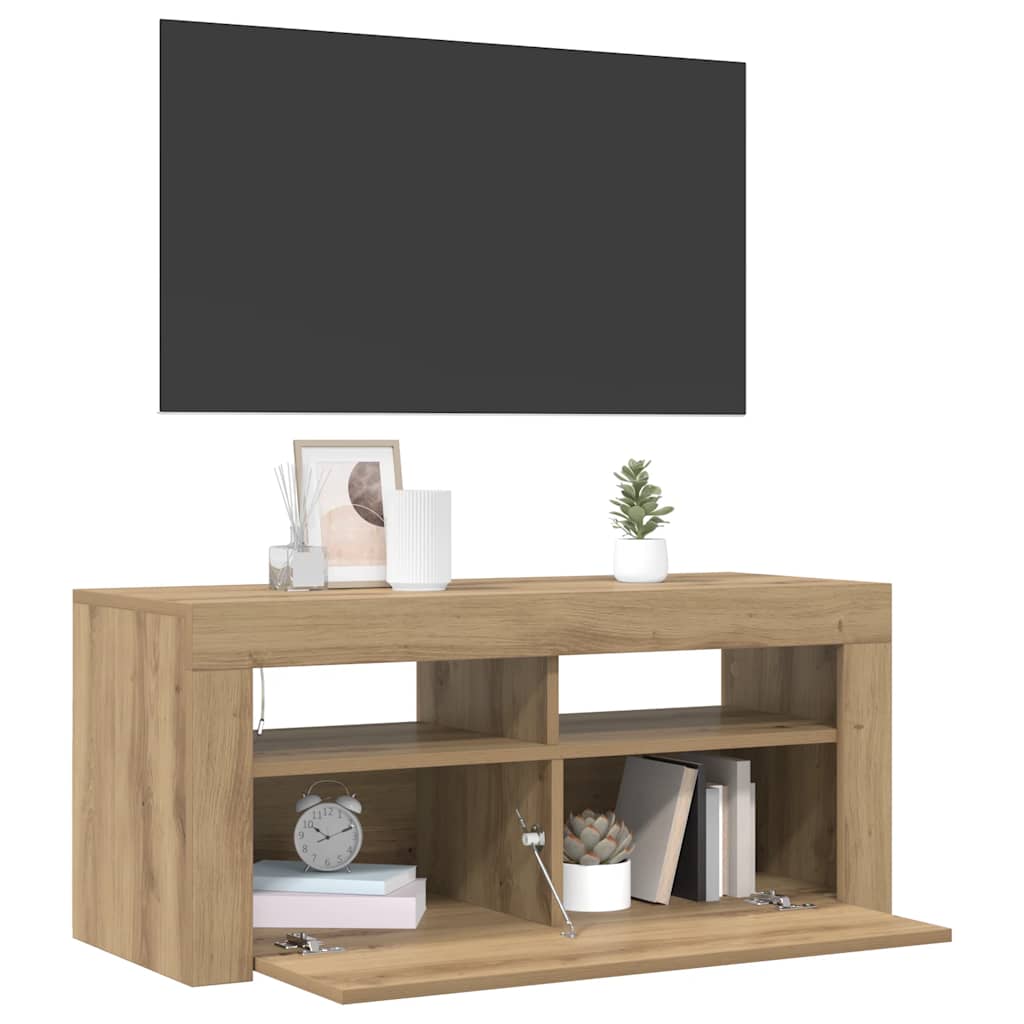 vidaXL Mueble de TV luces LED madera roble artisan 90x35x40 cm - Image 5
