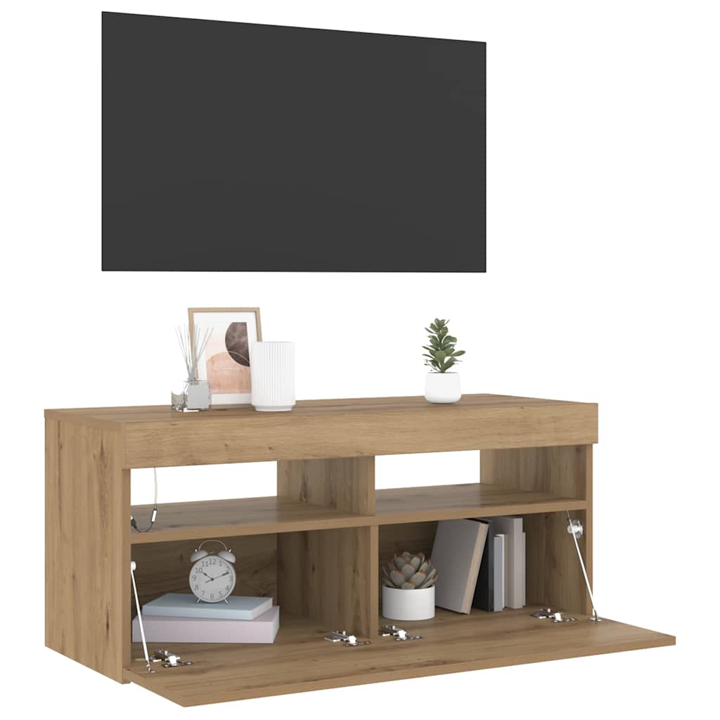 vidaXL Mueble de TV luces LED madera roble artisan 90x35x40 cm - Image 5