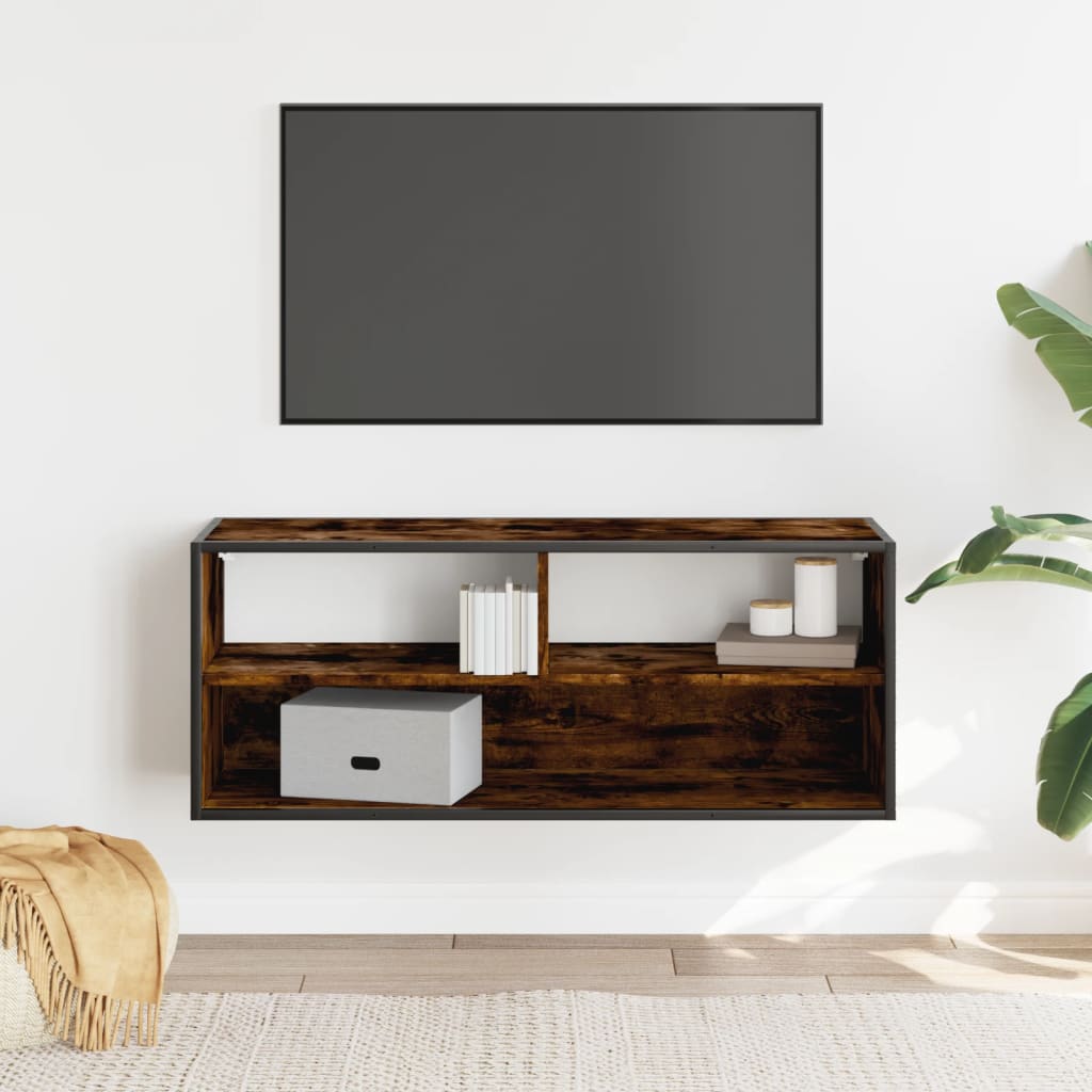 vidaXL Mueble TV metal y madera contrachapada roble humo 100x31x39,5cm - Image 3