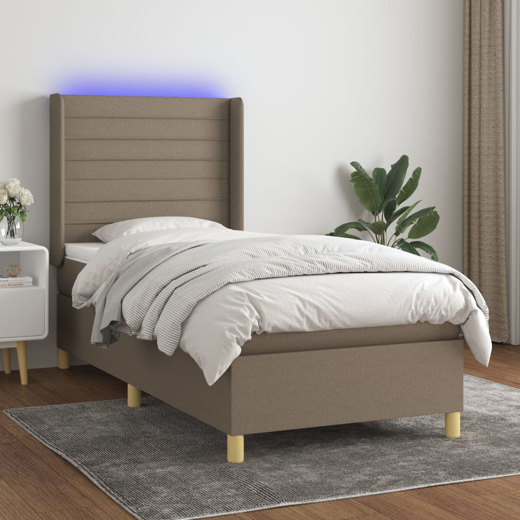 vidaXL Cama box spring colchón y luces LED tela gris taupe 90x200 cm