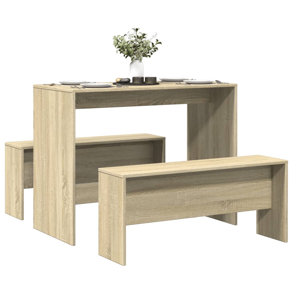 vidaXL Mesa y bancos de comedor 3 pzas madera ingeniería roble Sonoma