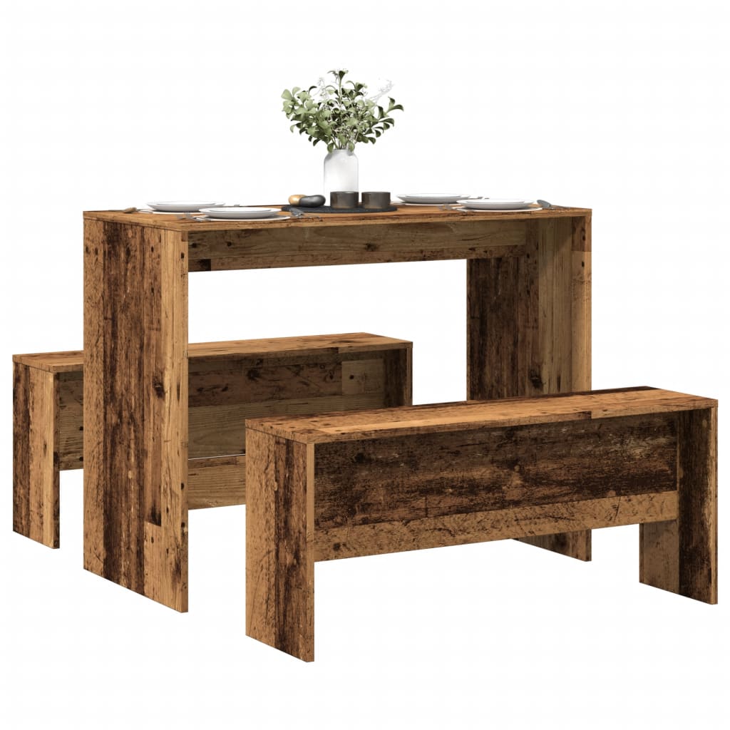 vidaXL Mesa y bancos de comedor 3 pzas madera de ingeniería envejecida