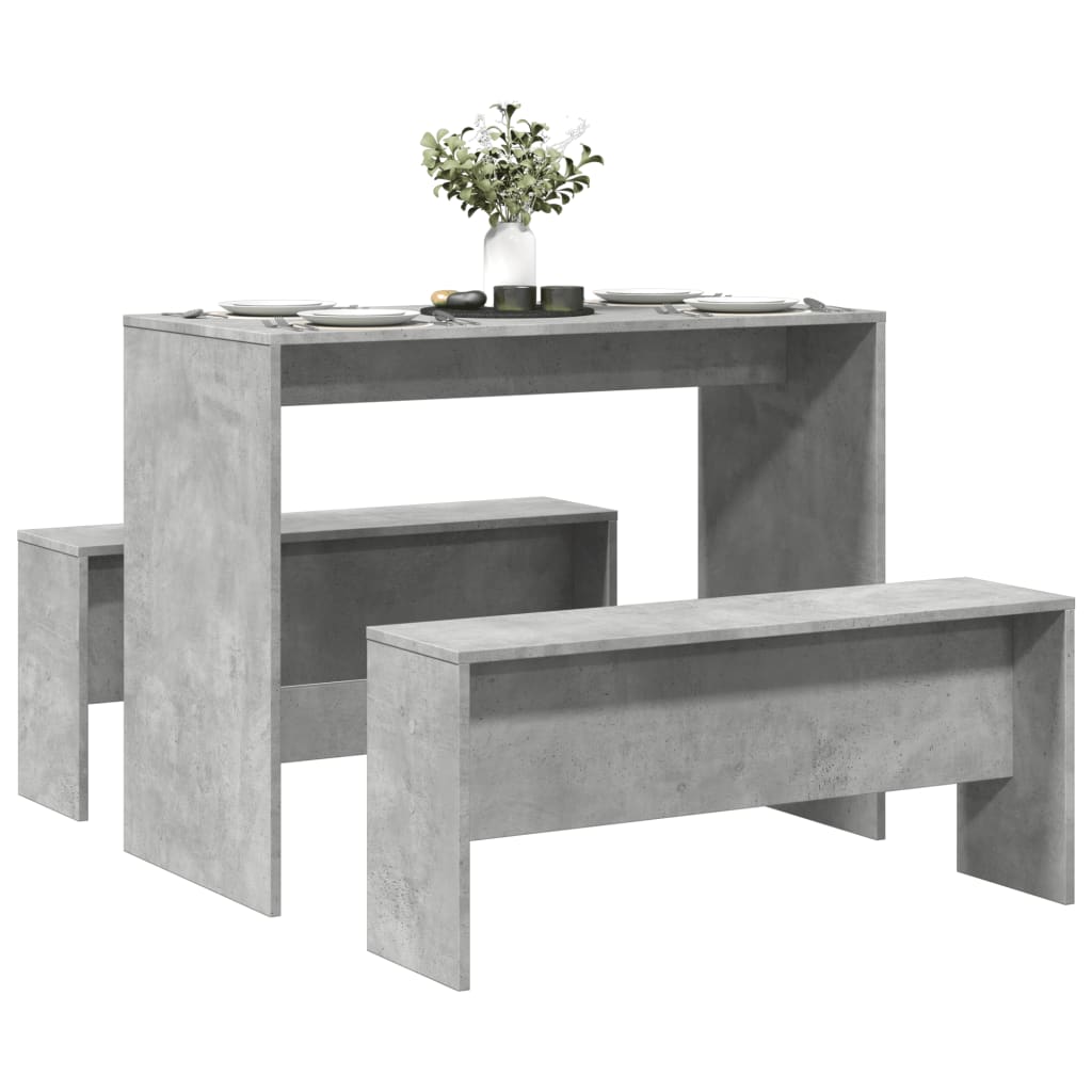 vidaXL Mesa y bancos de comedor 3 pzas madera ingeniería gris hormigón