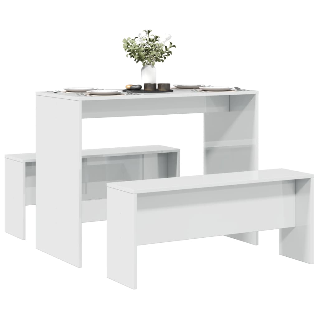 vidaXL Mesa y bancos de comedor 3 pzas madera ingeniería blanco brillo