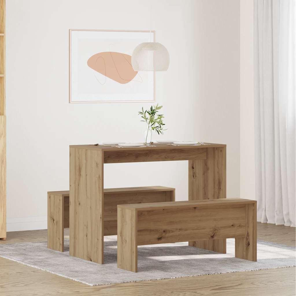 vidaXL Mesa y bancos de comedor 3 pzas madera ingeniería roble atisian