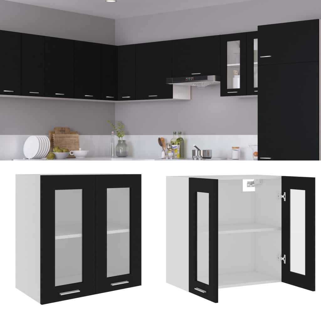 vidaXL Vitrina colgante de madera maciza "Lyon", color negro, 60x31x60 cm