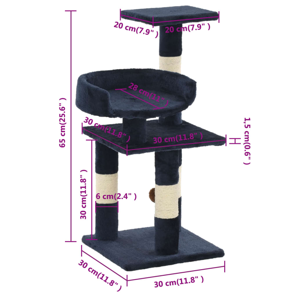 vidaXL Rascador para gatos con poste de sisal 65 cm azul - Image 6