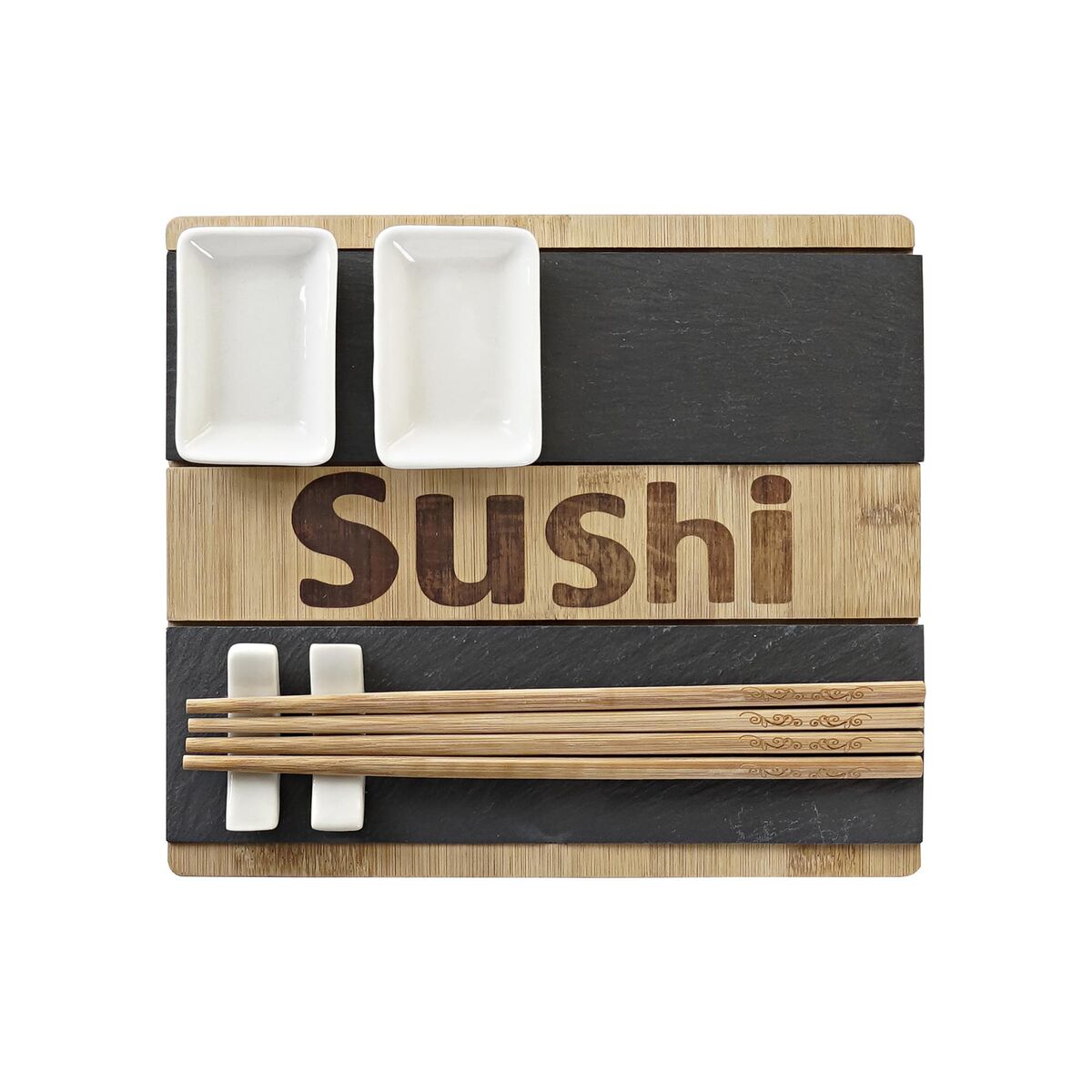 Set per Sushi DKD Home Decor Nero Naturale Bambù Lavagna Orientale 25 x 22 x 3 cm - Image 3