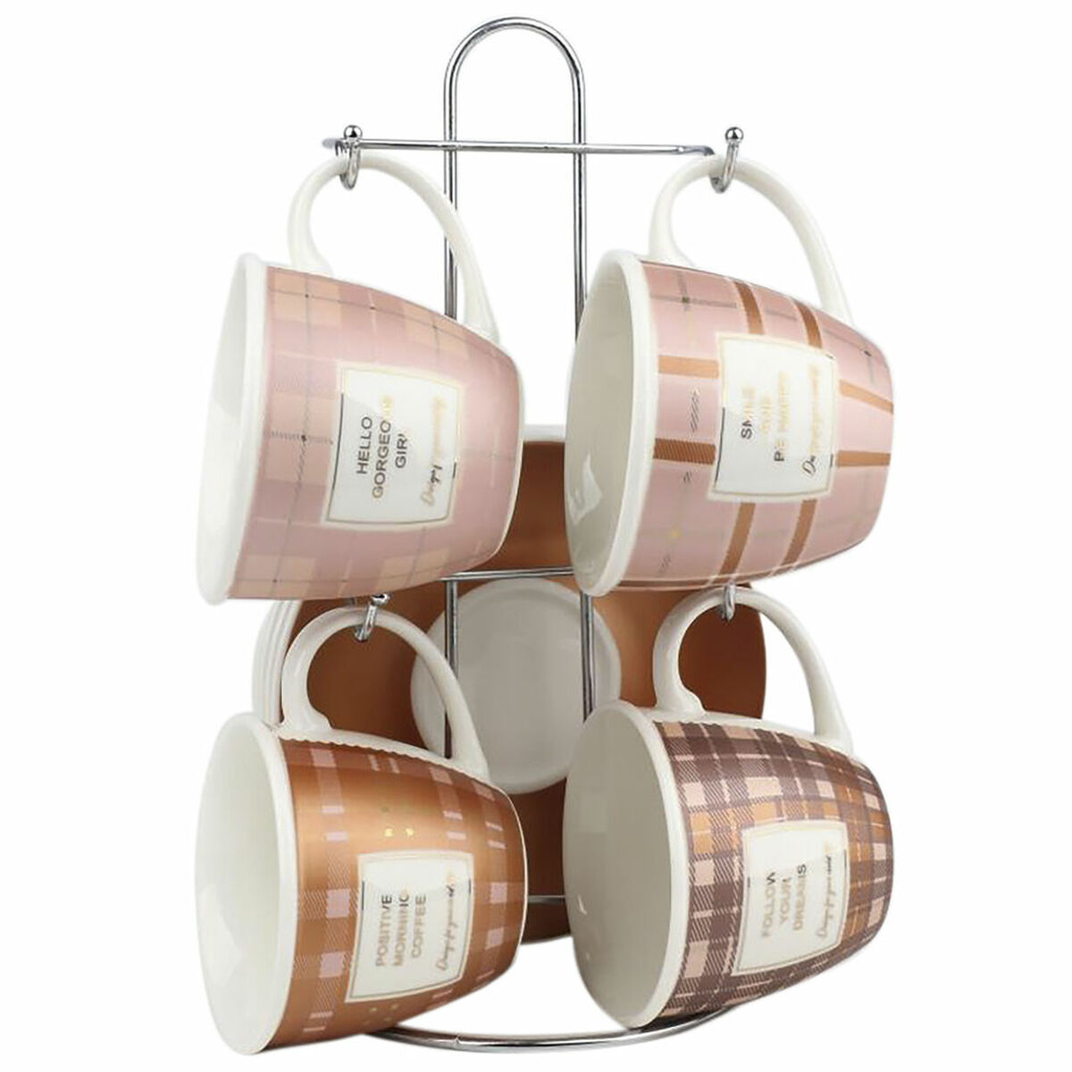 Set di Tazze da Caffè DKD Home Decor Bianco Marrone Rosa Metallo Porcellana 210 ml