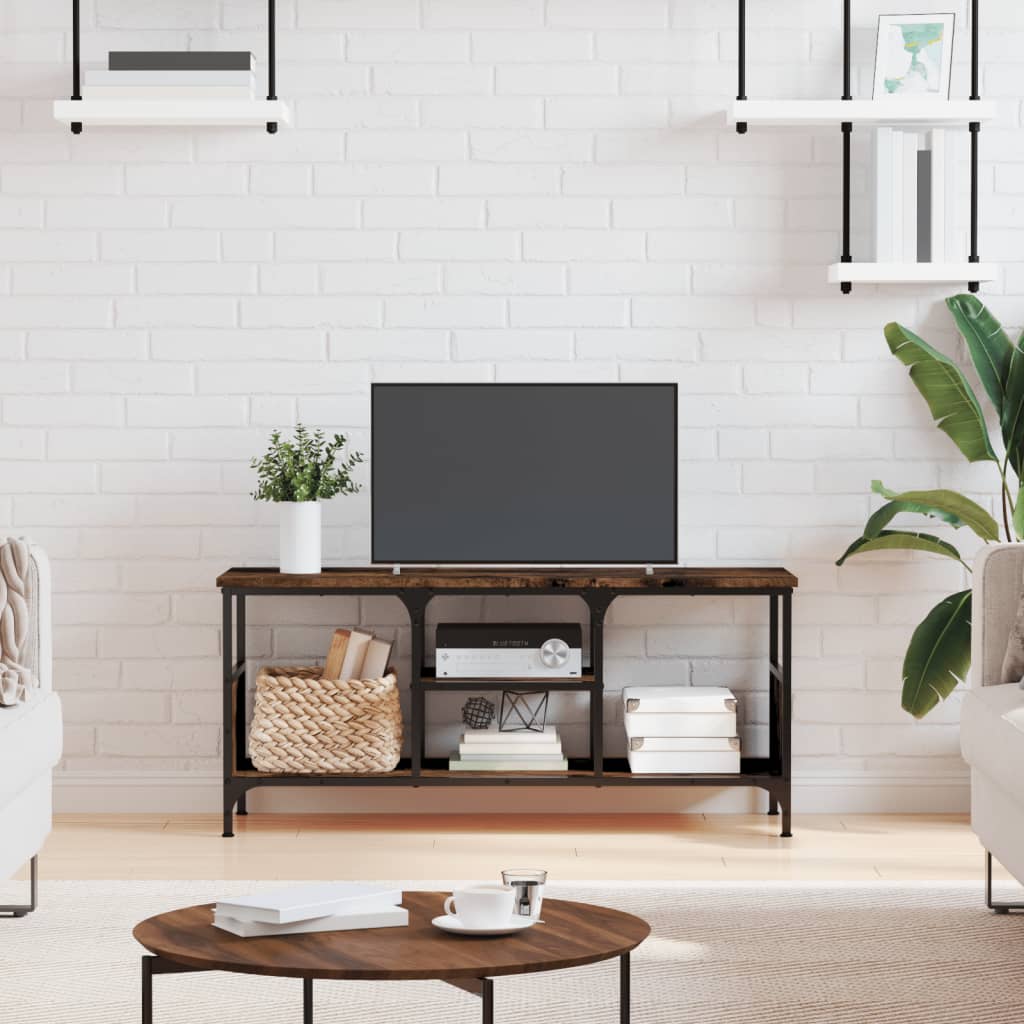 vidaXL Mueble TV hierro madera contrachapada roble ahumado 100x35x45cm