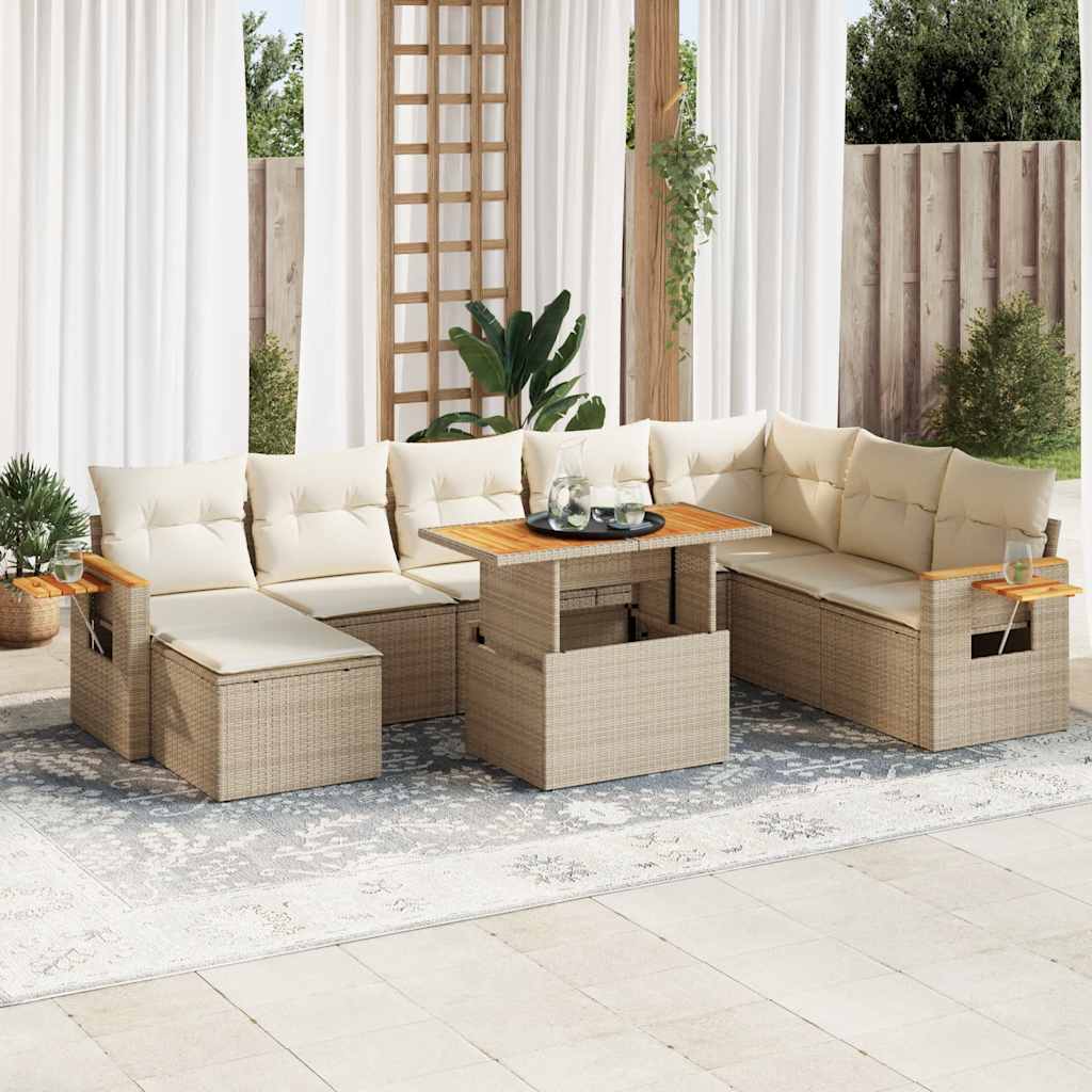 vidaXL Salon de jardin avec coussins 9 pcs beige résine tressée acacia