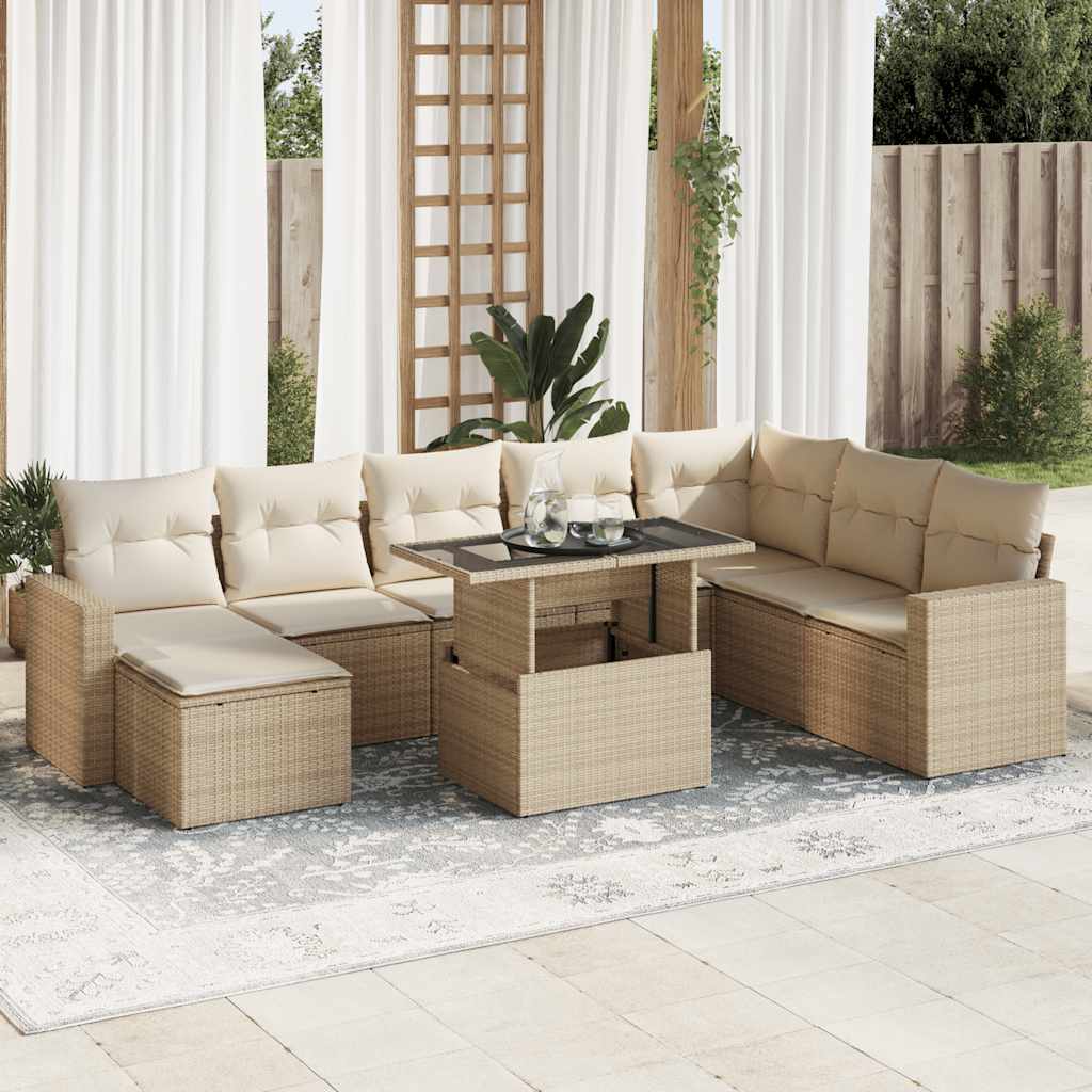 vidaXL Salon de jardin avec coussins 9 pcs beige résine tressée