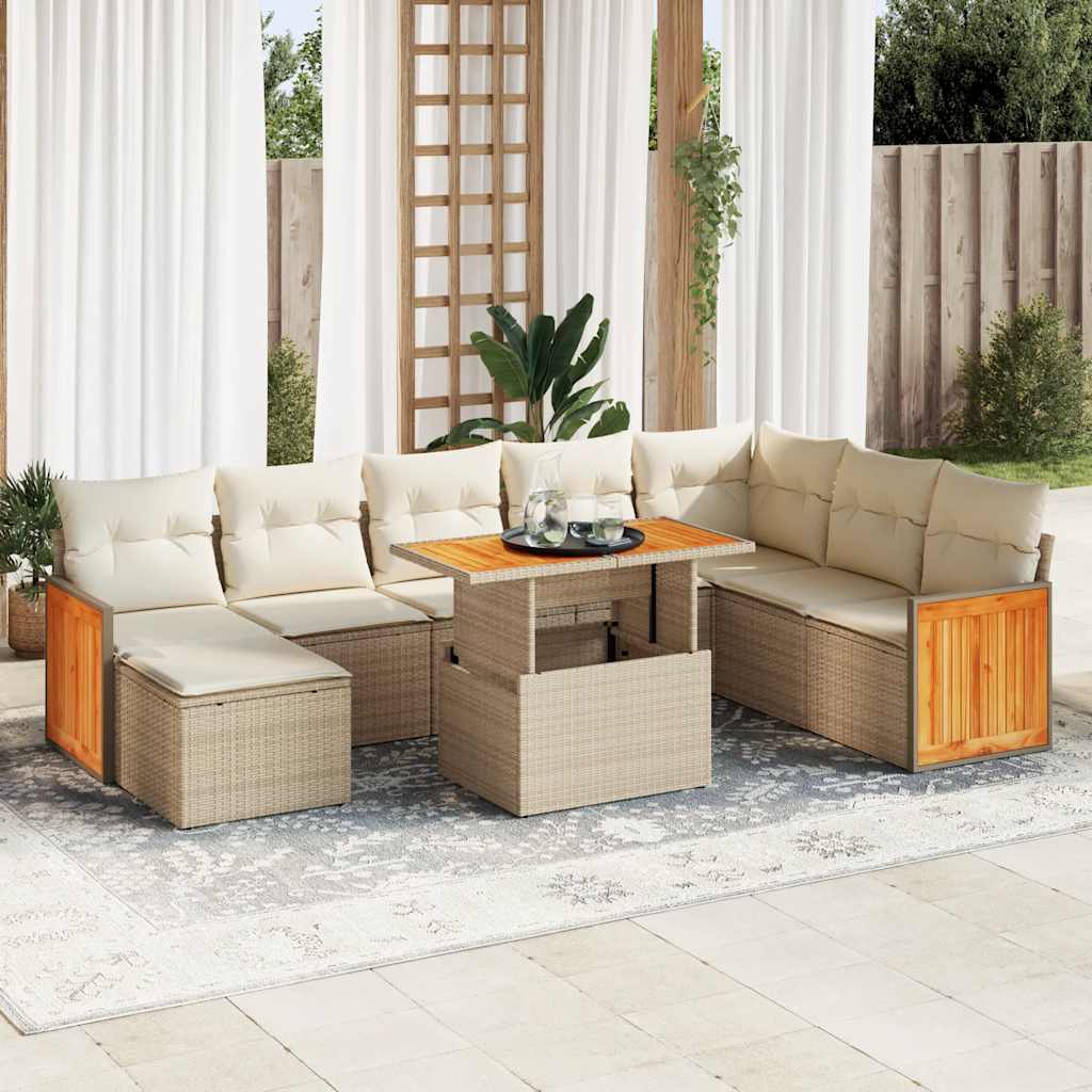 vidaXL Salon de jardin avec coussins 9 pcs beige résine tressée acacia