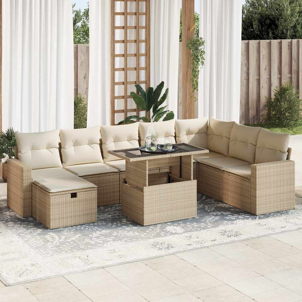 vidaXL Salon de jardin avec coussins 9 pcs beige résine tressée