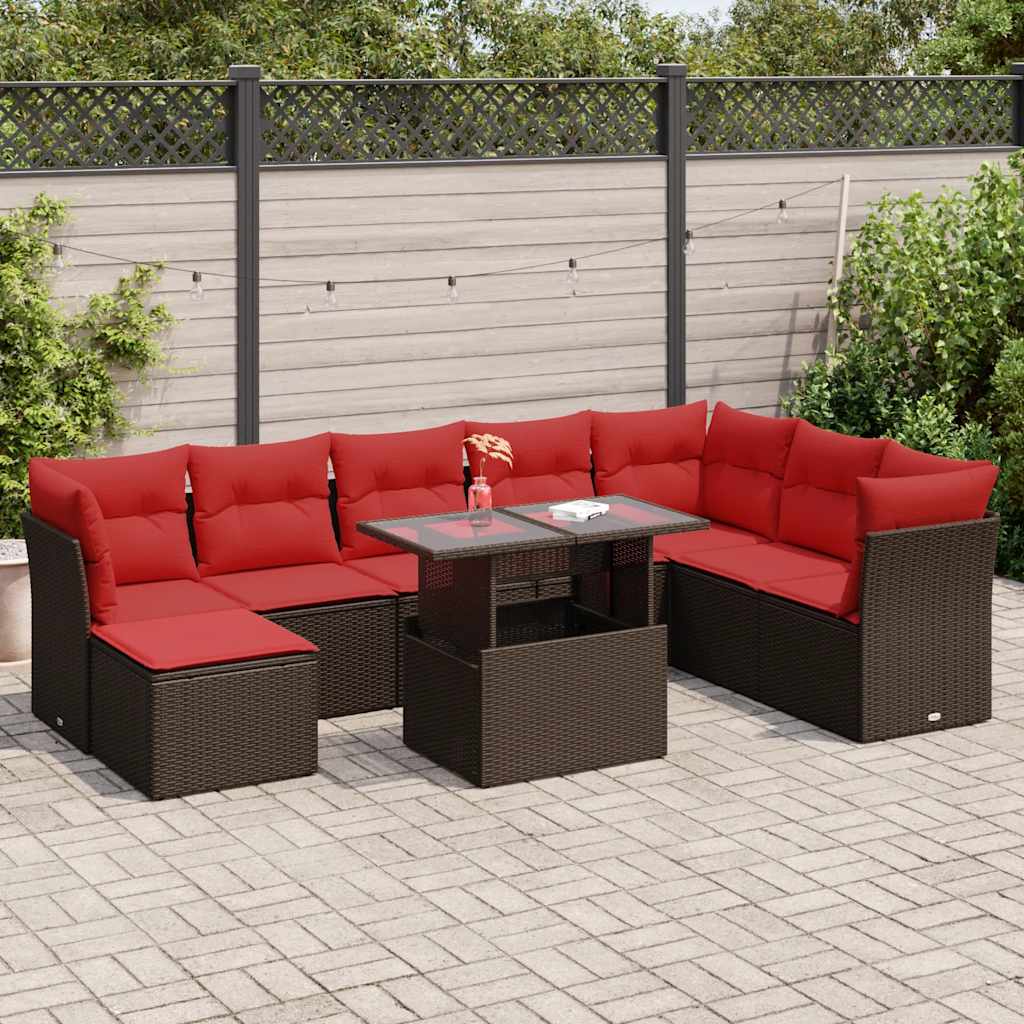 vidaXL Salon de jardin avec coussins 9pcs marron résine tressée acacia