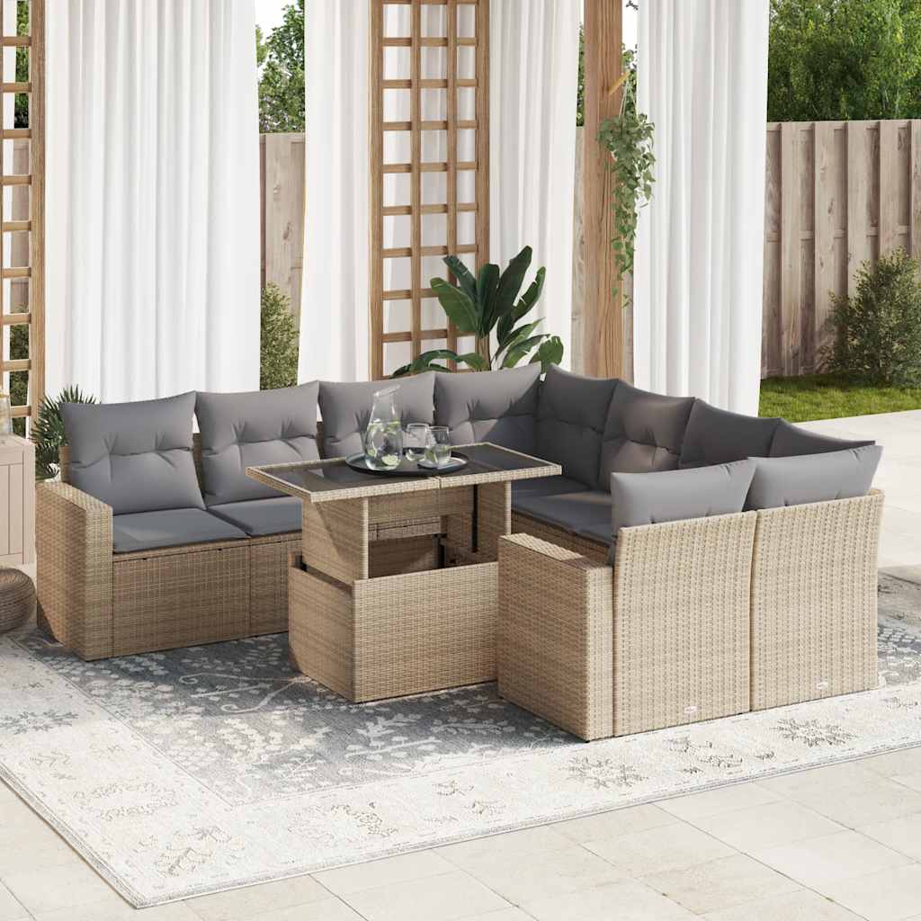 vidaXL Salon de jardin avec coussins 9 pcs beige résine tressée