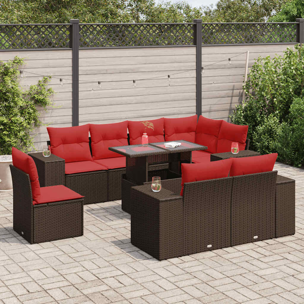 vidaXL Salon de jardin avec coussins 9pcs marron résine tressée acacia