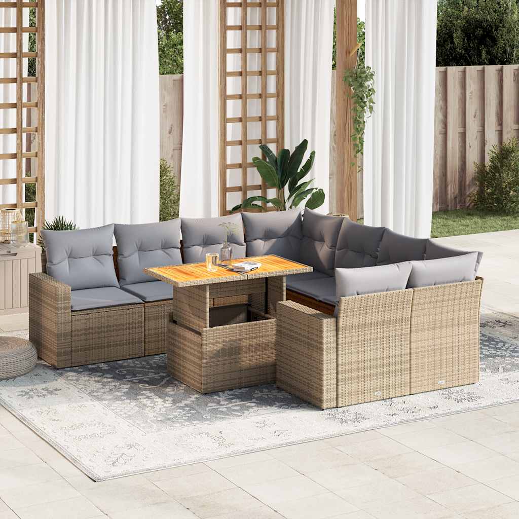 vidaXL Salon de jardin avec coussins 9 pcs beige résine tressée