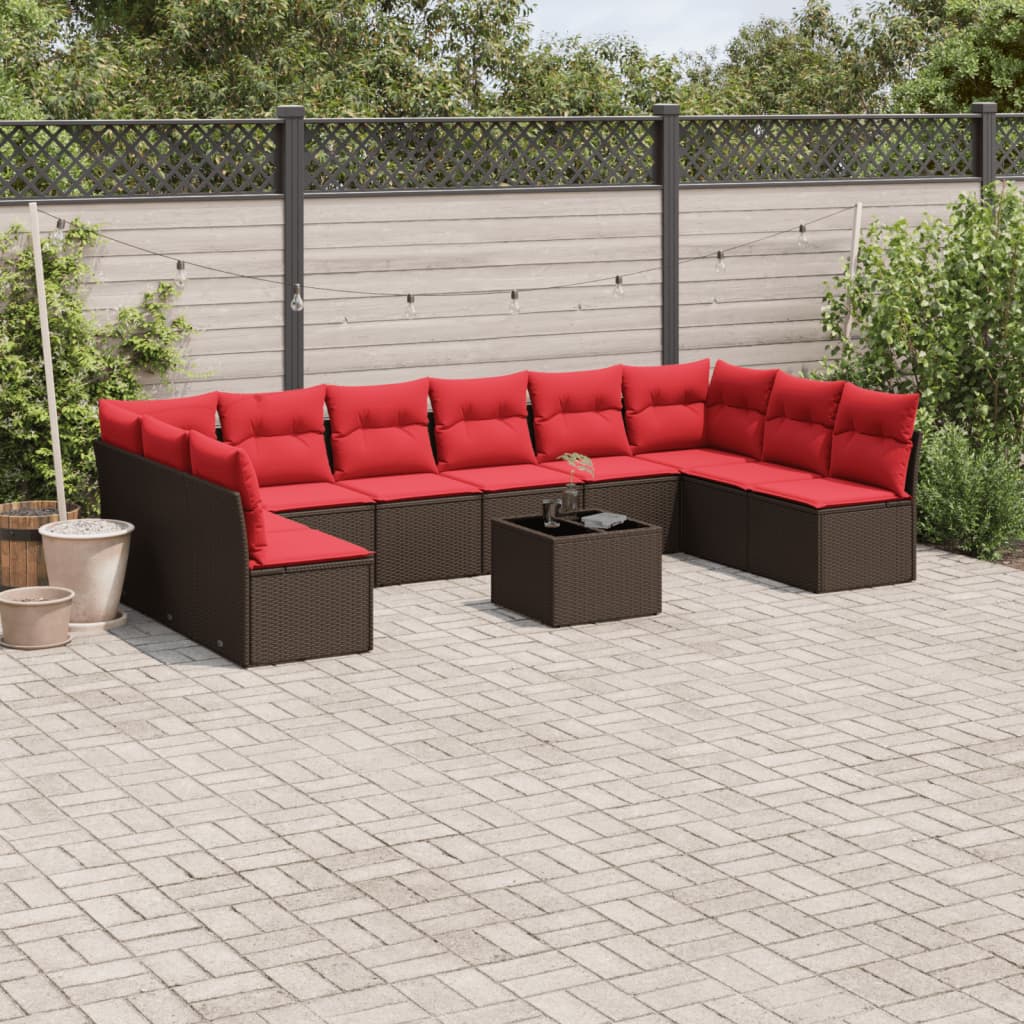vidaXL Salon de jardin et coussins 11 pcs marron résine tressée