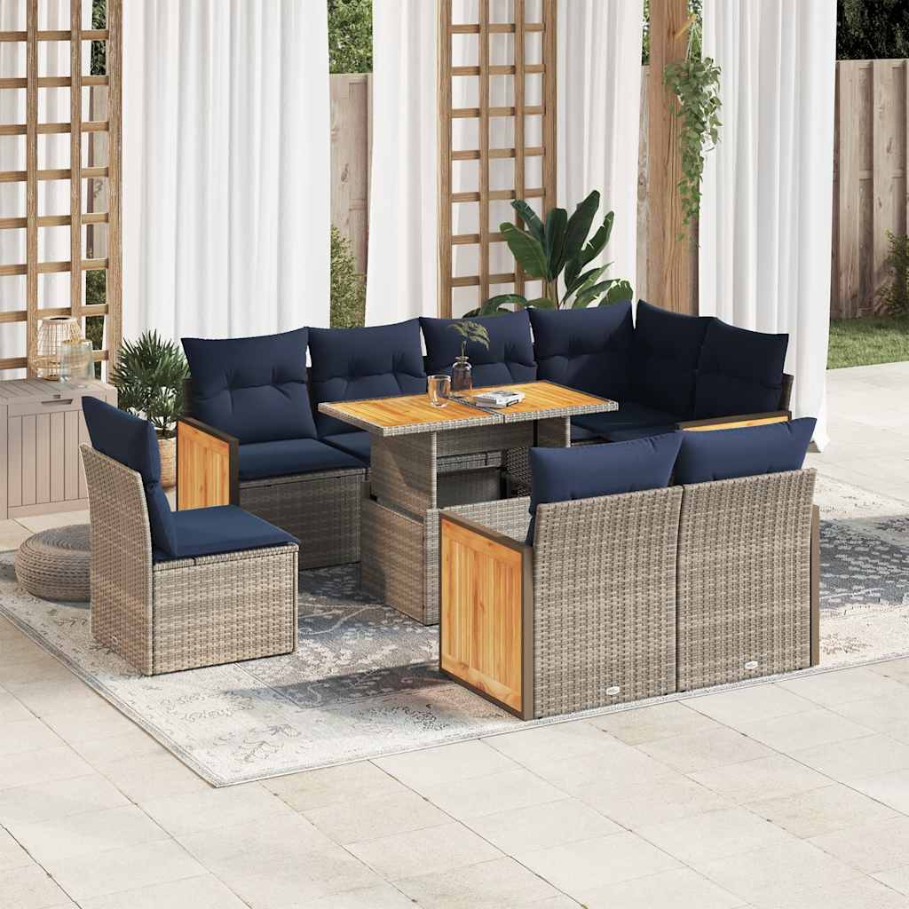 vidaXL Salon de jardin avec coussins 9 pcs gris résine tressée acacia