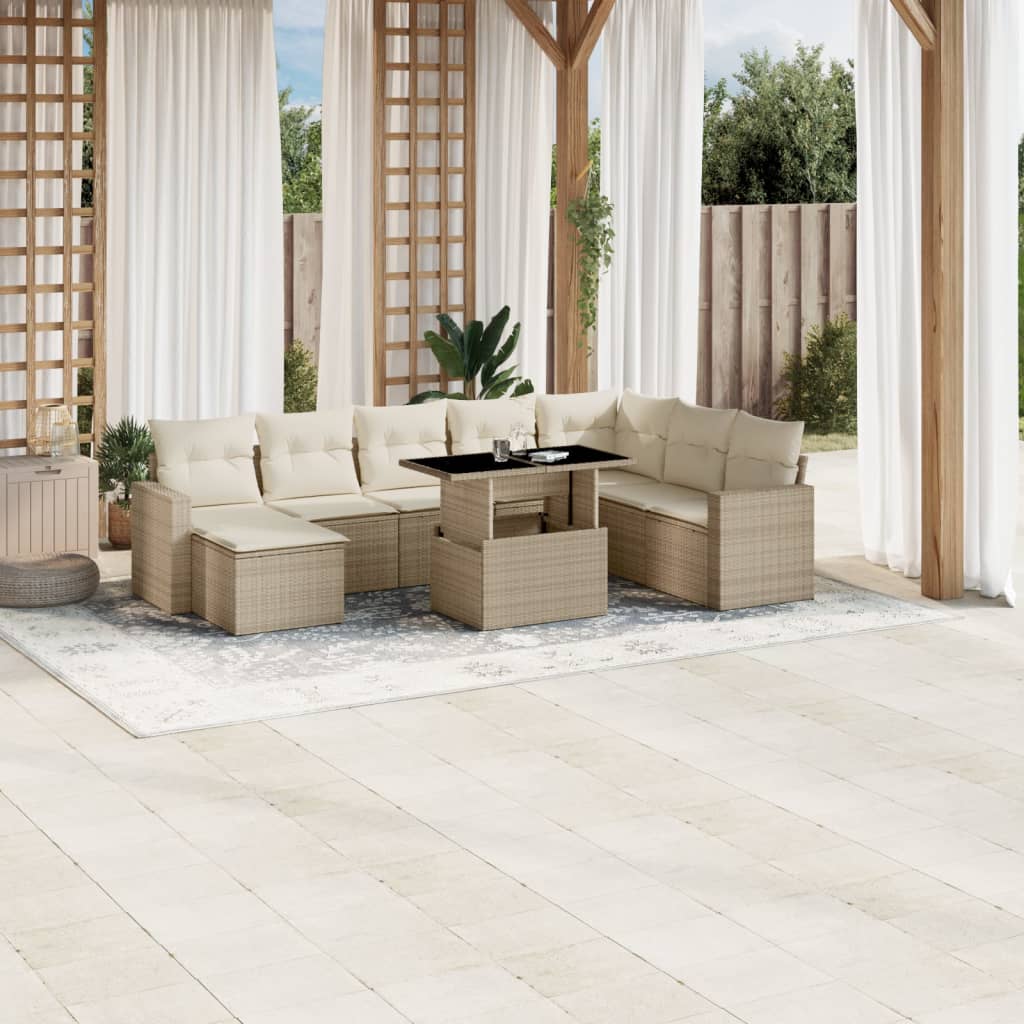 vidaXL Salon de jardin avec coussins 9 pcs beige résine tressée
