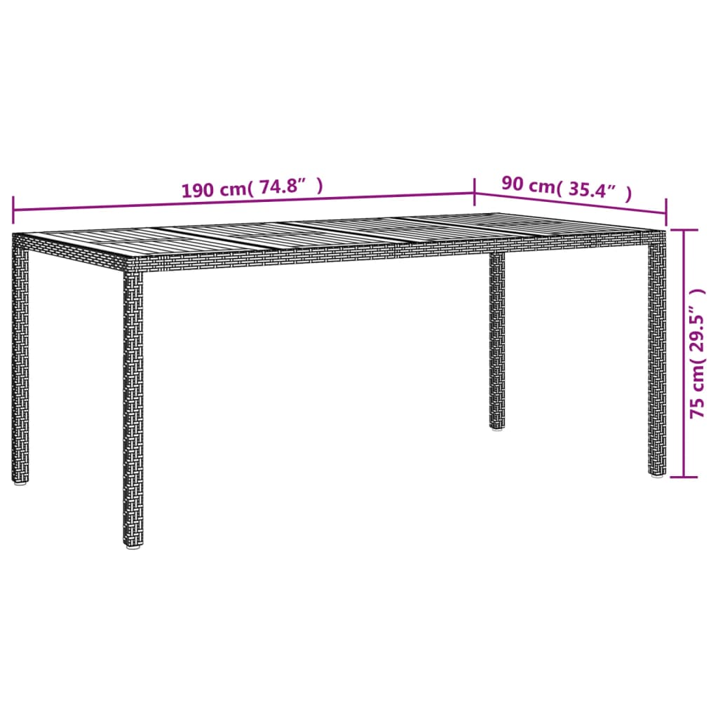 vidaXL Table de jardin 190x90x75 cm Résine tressée et bois acacia Noir - Image 6