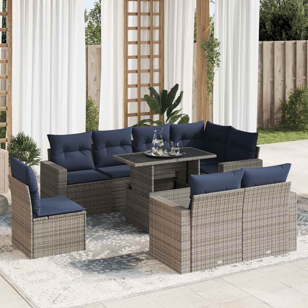 vidaXL Salon de jardin avec coussins 9 pcs gris résine tressée acacia