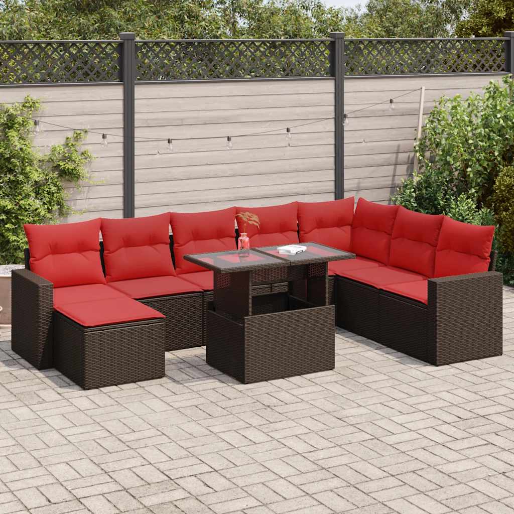 vidaXL Salon de jardin avec coussins 9pcs marron résine tressée acacia