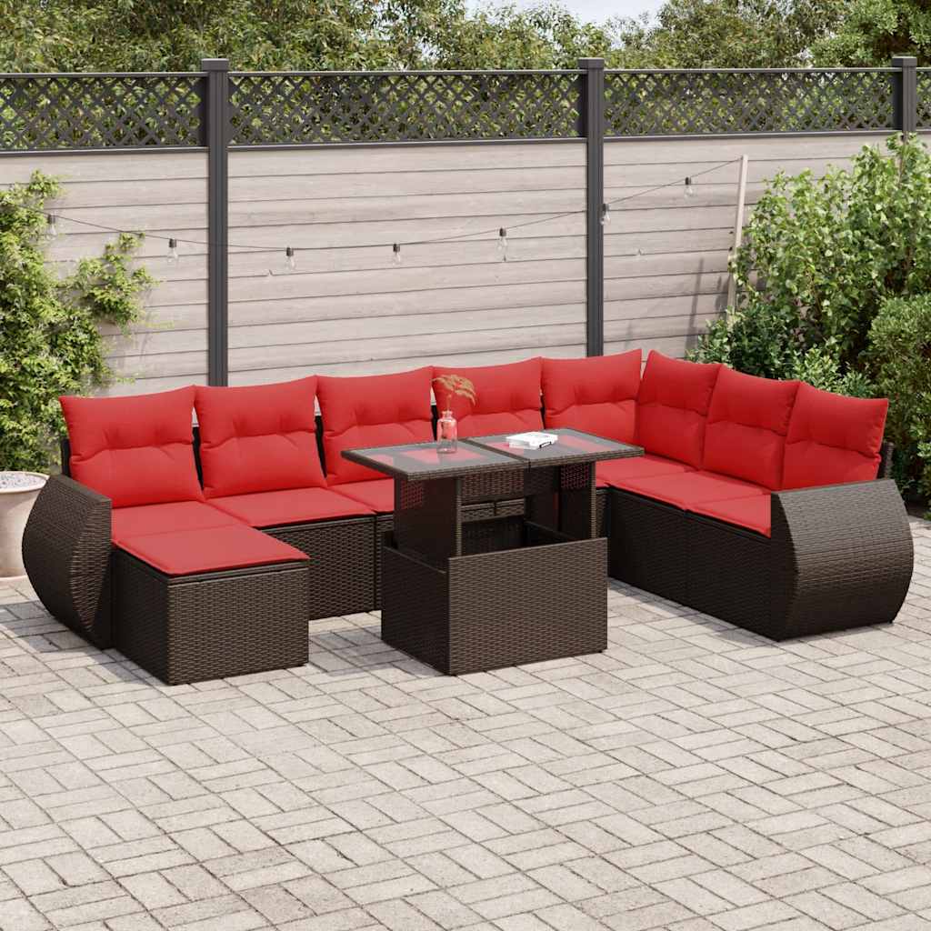 vidaXL Salon de jardin et coussins 9 pcs marron résine tressée acacia