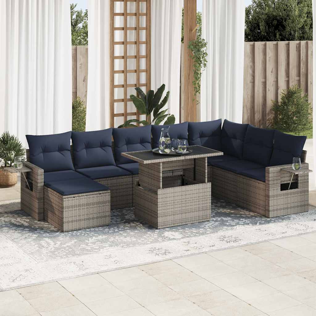 vidaXL Salon de jardin avec coussins 9 pcs gris résine tressée acacia