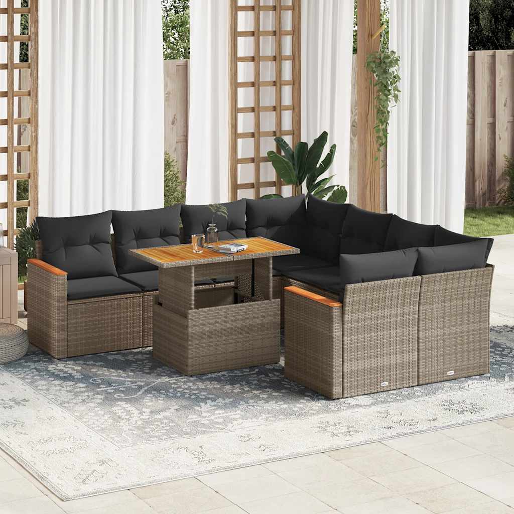 vidaXL Salon de jardin avec coussins 9 pcs gris résine tressée acacia