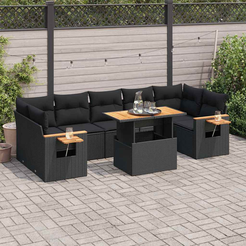 vidaXL Salon de jardin avec coussins 8 pcs noir résine tressée acacia