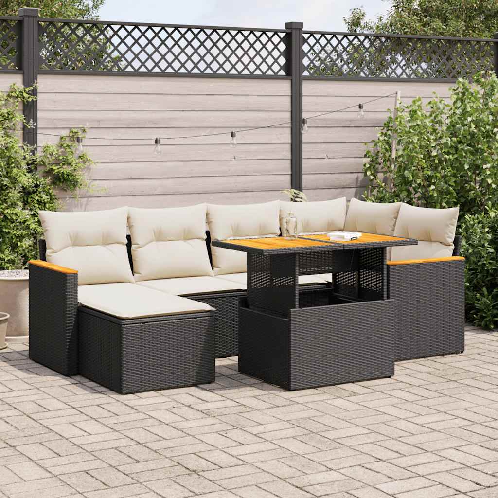 vidaXL Salon de jardin avec coussins 7 pcs noir résine tressée acacia