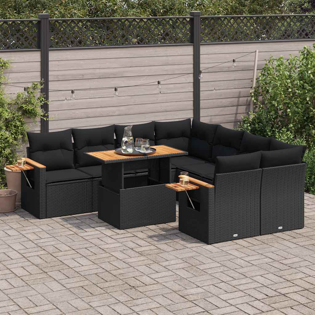 vidaXL Salon de jardin avec coussins 9 pcs noir résine tressée acacia