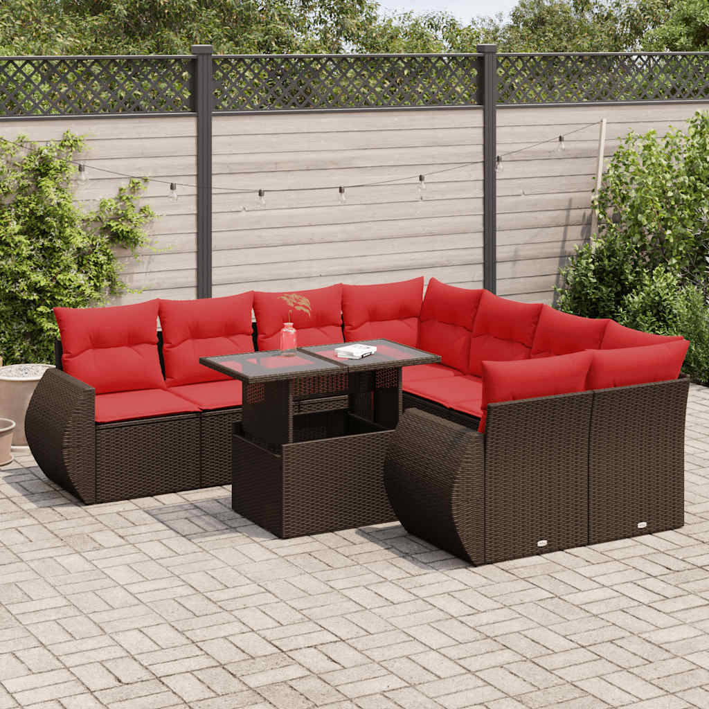 vidaXL Salon de jardin avec coussins 9pcs marron résine tressée acacia