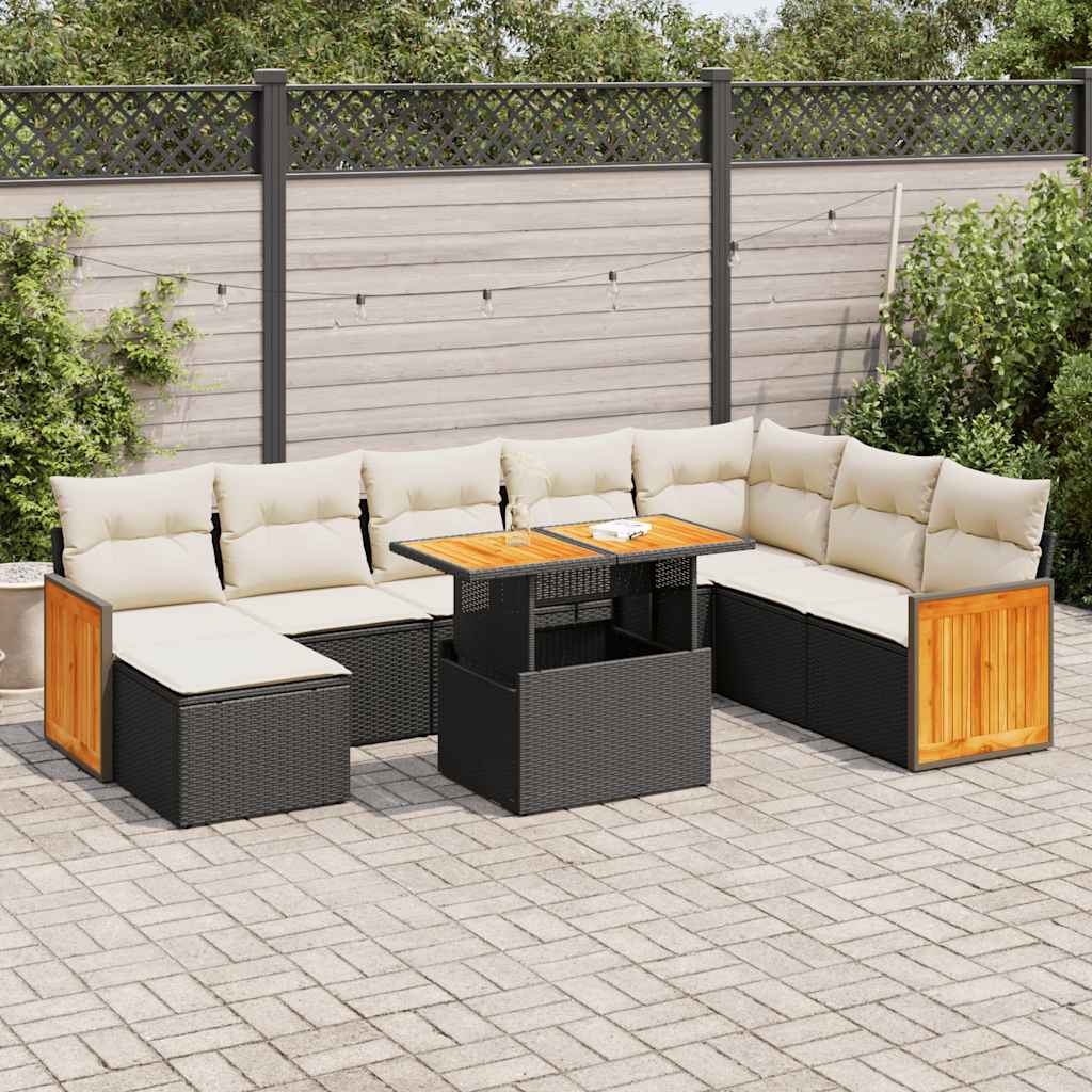 vidaXL Salon de jardin avec coussins 9 pcs noir résine tressée acacia