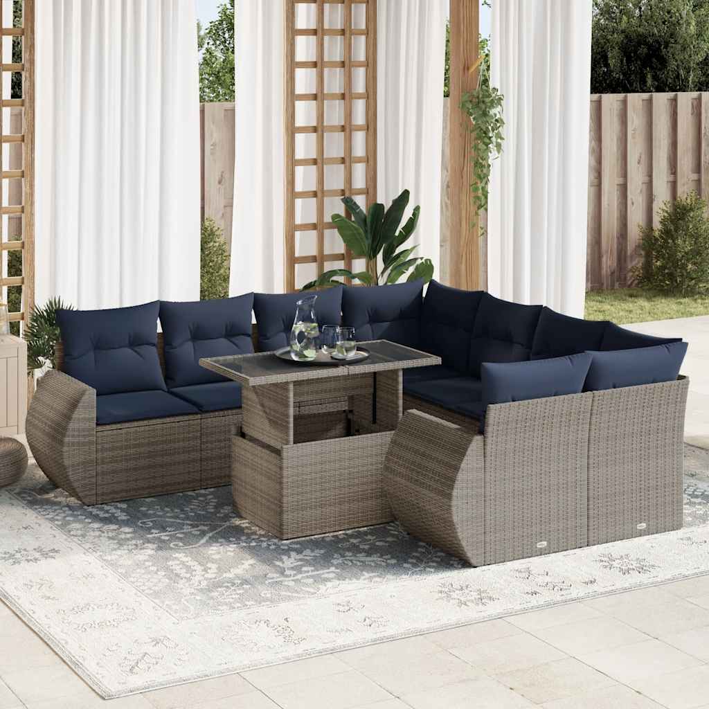 vidaXL Salon de jardin avec coussins 9 pcs gris résine tressée acacia