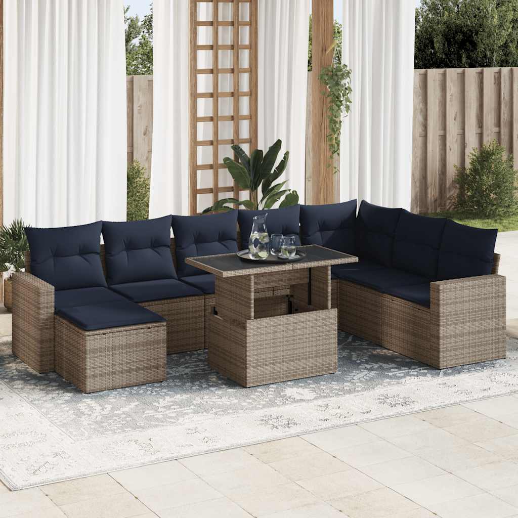 vidaXL Salon de jardin avec coussins 9 pcs gris résine tressée acacia